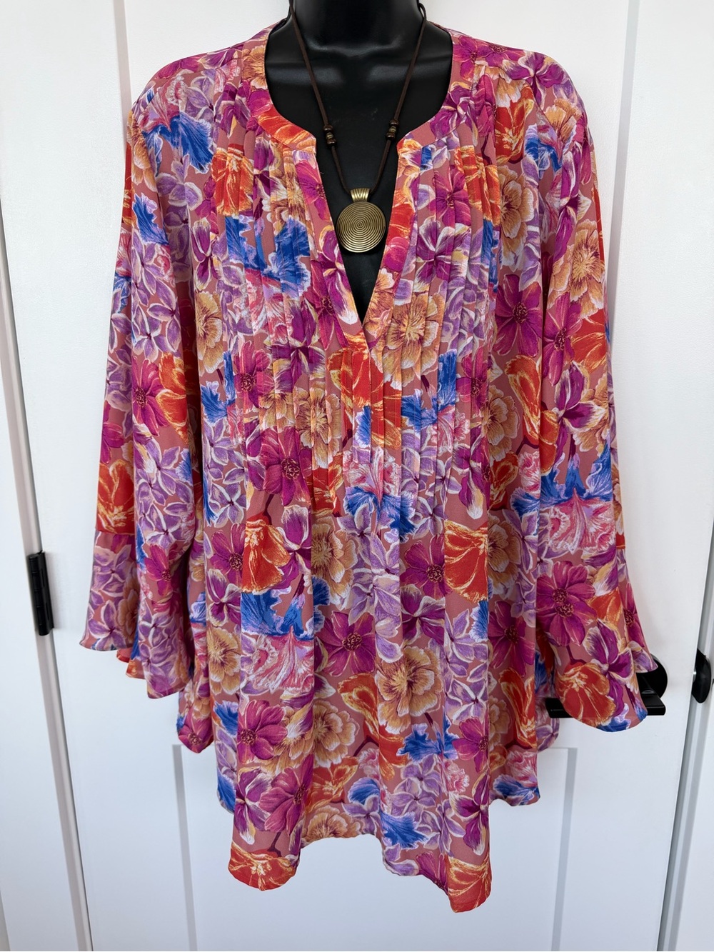 BRIGHT FLORAL BOHO BLOUSE - Tunic  in Magenta Mix- pleated  front - bell sleeves